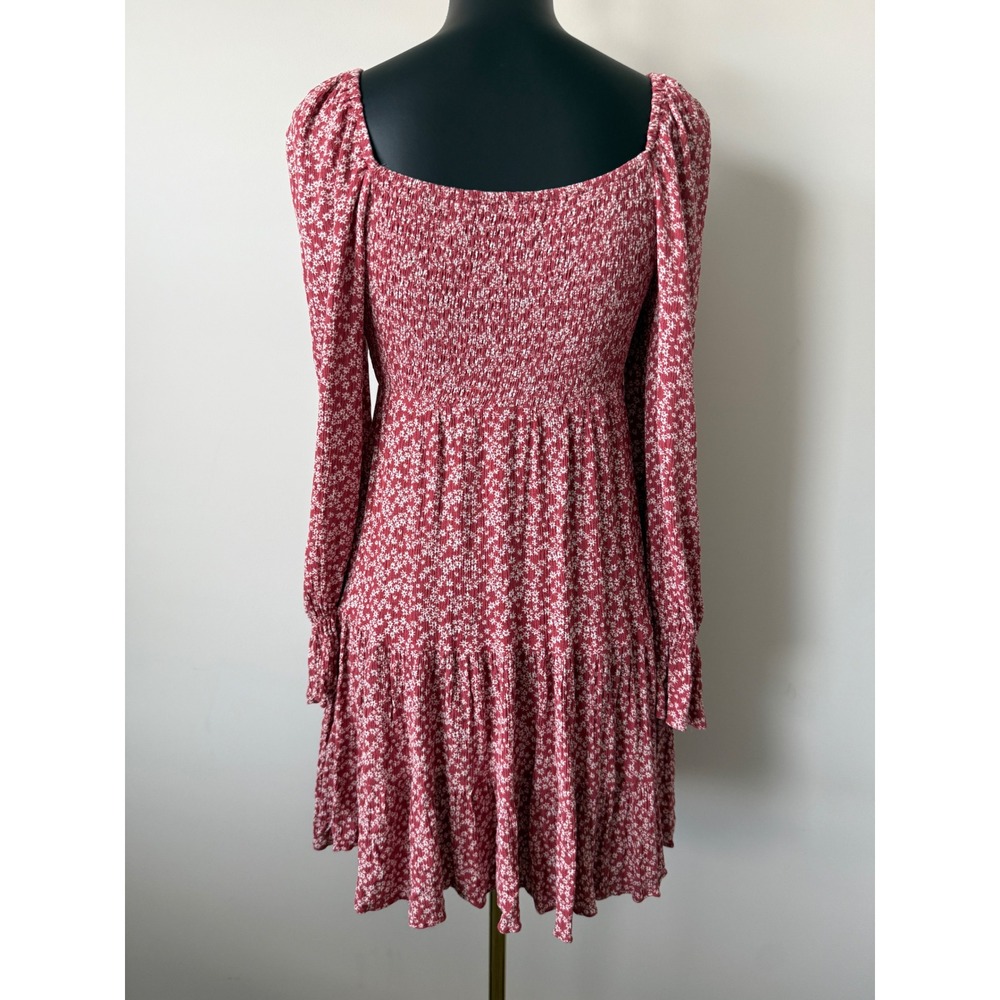 Pink Lily Red Floral Smocked Mini Dress Long Sleeve Square Neck PL203 Womens M